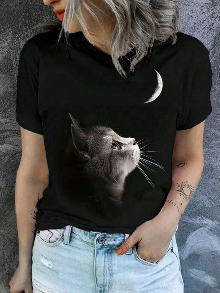 [Local Delivery] Women's T-Shirt. Short-Sleeved, Round-Neck T-Shirt, Loose-Fitting, Casual, And Versatile. Featuring A Modern, Elegant, And Sophisticated Simple Letter Print, Ideal As A Basic Garment; Made Of Soft Fabric With Excellent Drape. - 黑色 - 查看 1