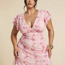 Plus Size Women Elegant Floral Mesh Printed Tight Fitted Deep V-Neck Dress, Slimming, Arm Flattering, Beach Outfit For Women,Airport Outfit Women,Festival Outfits Women,Graduation ,Women Summer Clothes,Going Out Tops Women,Rave Outfits,Club Outfits Women Sexy,Birthday Outfits For Women,Western Wear Women,Wedding Guest Dress Women,Summer Dresses For Women,Holiday Outfits,Vacation Outfits Woman,Pink Dress,Valentine's Day,Valentine Outfits For Women - Rosa vieja - Ver 4