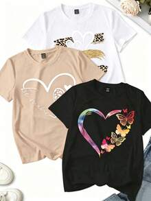 Women's T-Shirt. Single Garment, Not A 3-Piece Set. 1 Piece/Set Of Long-Sleeved T-Shirts Suitable For Streetwear. Oversized Round Neck Top For Daily Outings, Camping, Concerts, Hip-Hop, Rock, And Rap Events. Combination Of Leopard And Floral Print With Heart Shape. Summer Graphic T-Shirts For Women. - 白色 - 查看 1