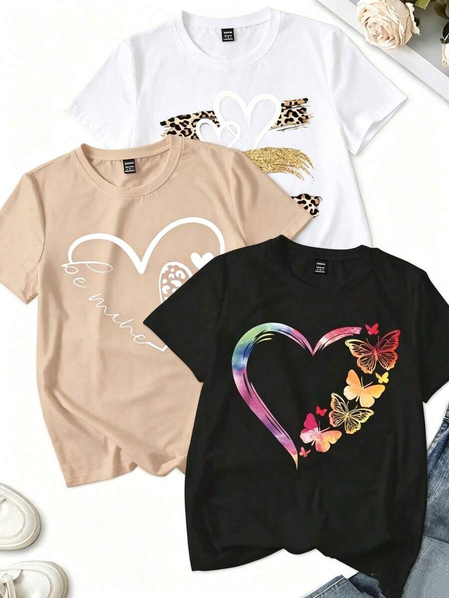 Women's T-Shirt. Single Garment, Not A 3-Piece Set. 1 Piece/Set Of Long-Sleeved T-Shirts Suitable For Streetwear. Oversized Round Neck Top For Daily Outings, Camping, Concerts, Hip-Hop, Rock, And Rap Events. Combination Of Leopard And Floral Print With Heart Shape. Summer Graphic T-Shirts For Women. - 黑色 - 查看 1