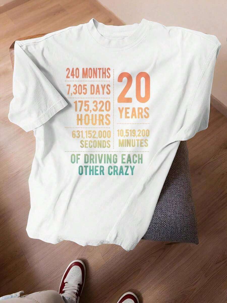 Funny T-Shirt For 20 Years Of Marriage, Graphic Print T-Shirt For 20th Wedding Anniversary, Women's Top - 白色 - 查看 1