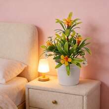 Artificial Trumpet Flower Small Potted Plant, Desktop Decor, Indoor Plastic Greenery Ornament - Coral Orange - View 4