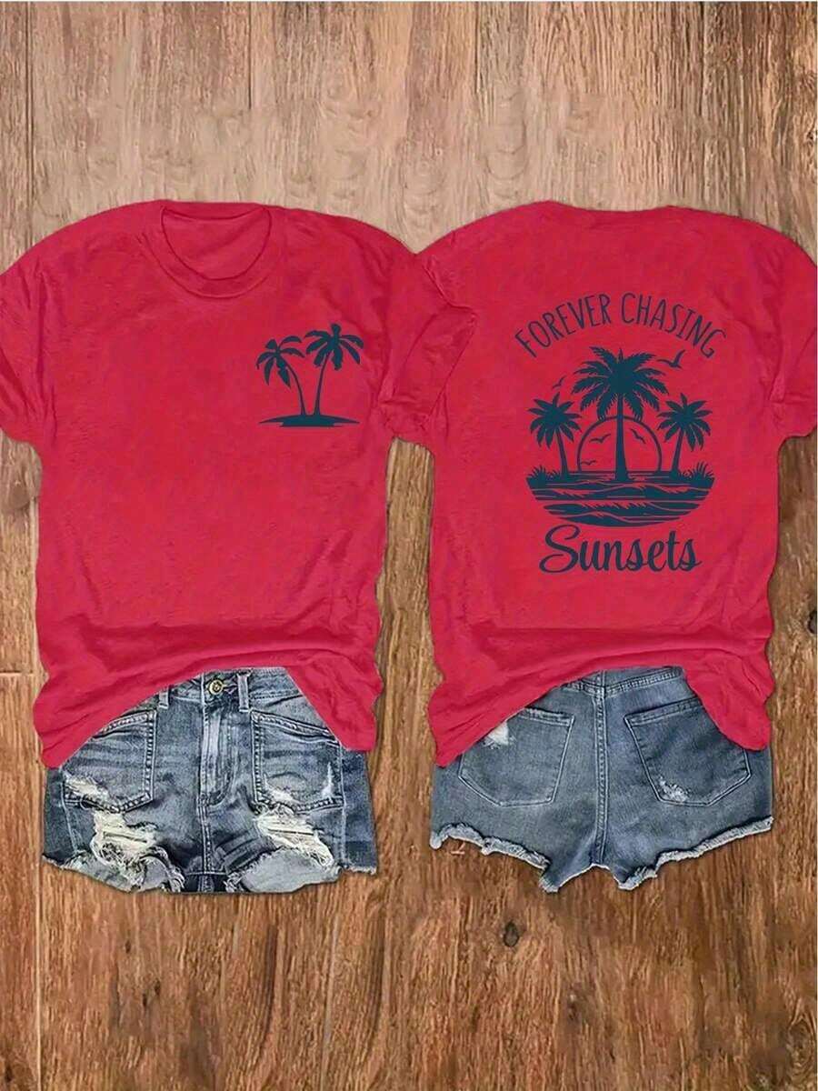 1 pieza de camiseta gráfica vintage de California Surf con estética retro, de corte holgado y cómodo, con estampado de "Chase Sunsets Not People" y palmeras, 100% algodón, para hombres y mujeres, ideal para conjuntos de playa de verano, suave. - Rojo - Ver 1
