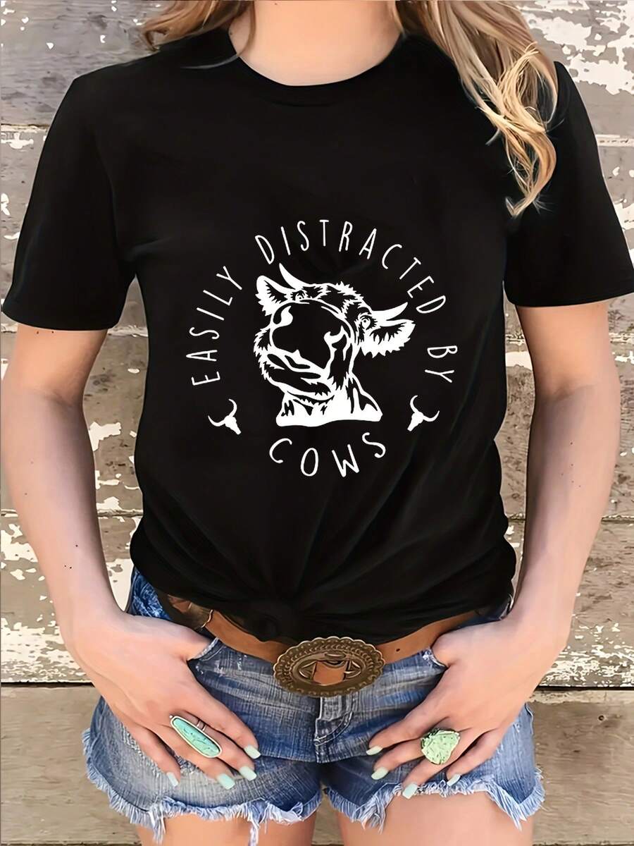 Plus Size Cow Print T-shirt, Short Sleeve Crew Neck Casual Top For Summer & Spring, Women's Plus Size Clothing