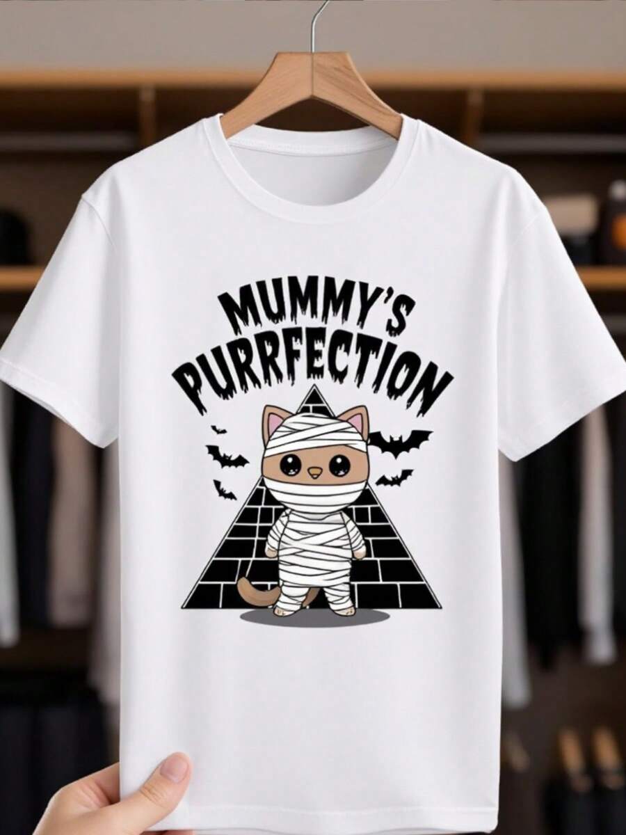 Camiseta de gato de la momia egipcia - lindo gato egipcio Mau y el eslogan "Purfección de la momia", camiseta respirable de manga corta blanca rel para tres de Halloween, regalos de Navidad y tres con tema egipcio