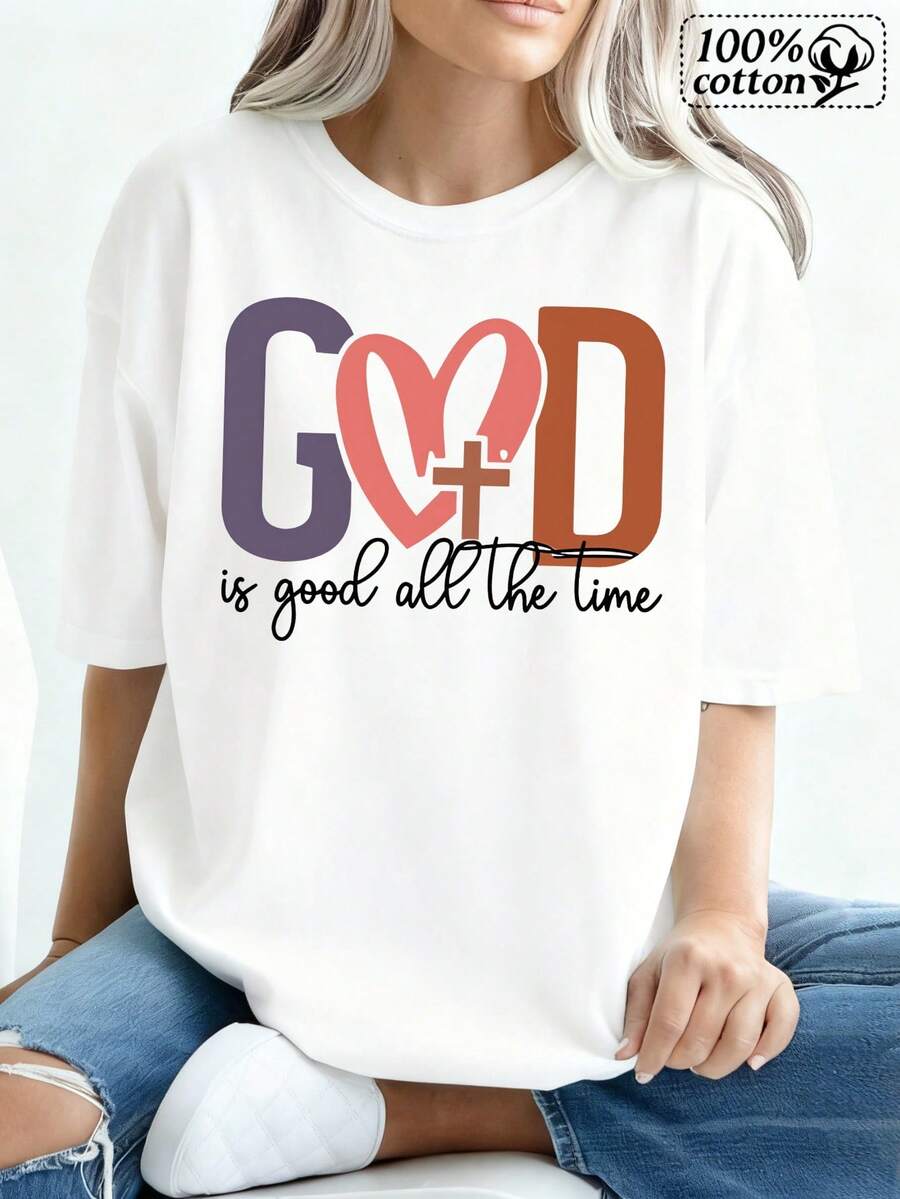 Camiseta blanca casual con estampado religioso que e 'Dios es bueno todo el tiempo.