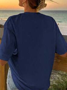 blusas elegantes dama, blusas para mujer,playeras de mujer Blusa de manga corta, cuello redondo, holgada y casual con estampado de estrella de mar en color albaricoque para vacacionesPure Cotton Short-Sleeve Shirt - Azul marino - Ver 2