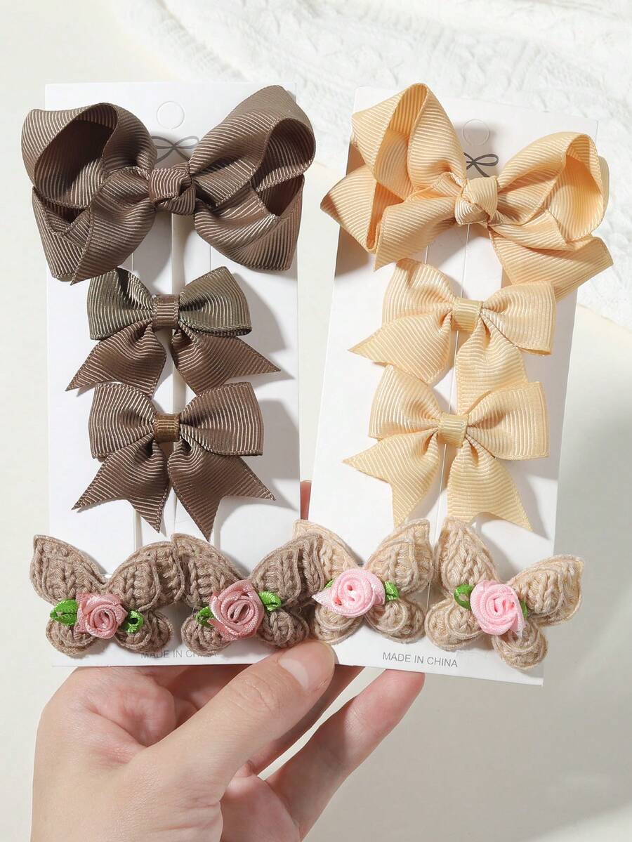 Set de 5 piezas de pinzas para el cabello con moño de satén + flor de punto, pasadores para el cabello sin daños para uso diario - color mezclado - Ver 1
