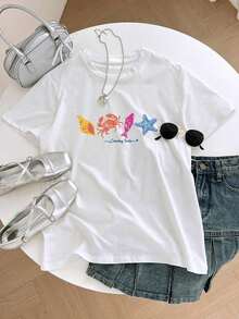 1 pieza de camiseta de algodón puro de cuello redondo y corte holgado para mujer, decorada con estampado de estrellas de mar y conchas, estilo resort de moda para el verano, tu artículo esencial diario. Camisetas refrescantes para el verano, 180g, 100% algodón suave. - Blanco - Ver 2