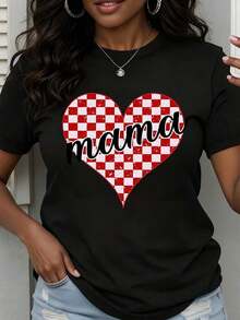 Camiseta de Cuello Redondo para Mujer, Estampado de Corazón a Cuadros Rojo y Blanco, Manga Corta, Estilo Casual para Uso Diario, Regalo para el Día de la Madre - Negro - Ver 1