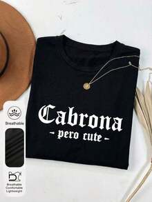 Blusa negra de manga corta con cuello redondo y gráfico de letra, casual de verano para mujer de talla grandeSummer new arrivals - Negro - Ver 7