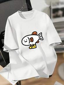 Camiseta Oversize para Mujer con Estampado de Peces de Dibujos Animados - Cuello Redondo Casual, Manga Corta, Poliéster, Blanca con Diseño de Peces Azules, Camiseta Oversize para Verano Y2k - Blanco - Ver 10