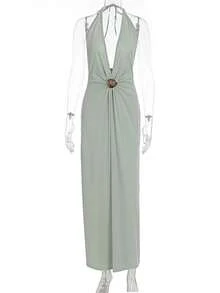 Vestido largo fiesta mujer cuello halter escote V profundo espalda descubierta cintura ajustada estilo europeo elegante - Verde - Ver 7