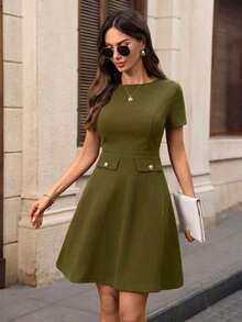 Vestido mini elegante y chic de mujer con unicolor, decoración de botones y encaje en la cintura, para el verano - Verde militar - Ver 3