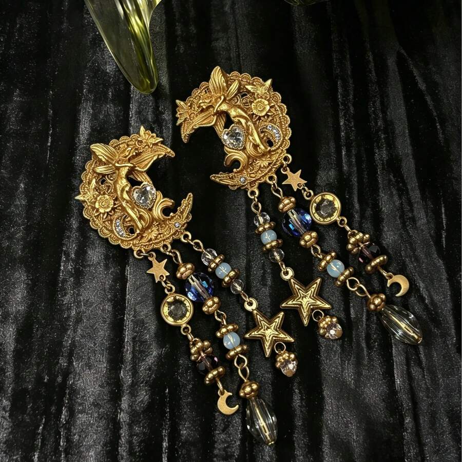 1对星月雕花流苏耳环，多吊坠耳环，梦幻氛围派对约会配饰 - 金色 - 查看 1