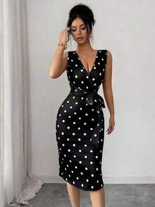 Vestido midi elegante sin mangas con estampado de encaje 3D, cuello superpuesto, cinturón en la cintura, uso diario casual, vestido de encaje elegante en color albaricoque - Negro 2 - Ver 6