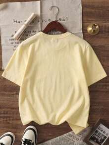 Camiseta de mujer de manga corta y cuello redondo casual - Estampado impreso, tela suave y cómoda, lavable a máquina, top de verano rosa - Amarillo - Ver 3