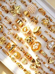 Set de 10 anillos de perlas falsas, anillos abiertos de estilos mixtos elegantes y lujosos, adecuados para fiestas, bodas, uso diario, regalo de joyería de moda, surtido aleatorio - 10 anillos de perlas aleatorios - Ver 3