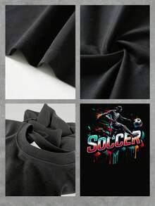 Jugador de fútbol dinámico en plena acción con balón y efectos de pintura colorida que simbolizan energía pasión y movimiento urbano moderno camiseta de mujer 100% algodón cómoda para uso diario casual deportiva - Negro - Ver 4