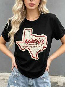 Camiseta de manga corta para mujer - Estilo vintage Gilleys Pasadena Texas con estampado gráfico - Ropa de verano - Camiseta oversize - Streetwear - Casual - Cuello redondo - Algodón - Moda - Conjuntos de verano para mujer - Camiseta holgada - Atuendo diario - Ropa de verano - Negro - Ver 9