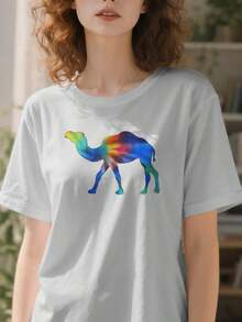 Camiseta Vintage con Estampado Tie-Dye de Silueta de Camello Caminando, para Amantes de Animales del Desierto, Blusas para Mujer - Blanco - Ver 8