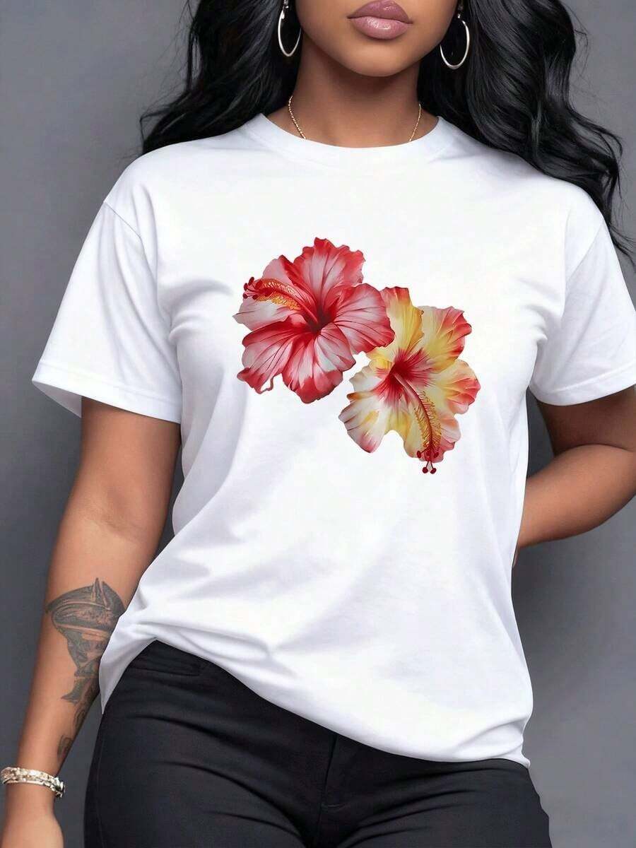Vibrant Hibiscus Flowers With Petals In Shades Of Red, White, And Yellow Evoke Tropical Beauty And The Joy Of Summer, Ideal For A Fresh And Radiant Look. Women's Short-Sleeved T-Shirt, Comfortable, Breathable, 220g, Maija Women's Curvy. - 白色 - 查看 1