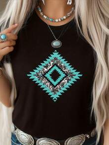 Camiseta de manga corta para mujer - Camiseta negra con patrón de diamantes del suroeste, cuello redondo informal, tela elástica y suave, lavable a máquina, top de moda para todas las estaciones, ropa moderna, camiseta estampada personalizada, ajuste cómodo, regalo para el Día de San Valentín y el Día de San Patricio. - Negro - Ver 12