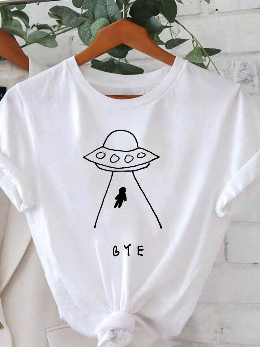 Camiseta manga corta cuello redondo 100% algodón, estampado trendy, tejido ligero y ventilado, estilo moda casual, apta para vida diaria, salidas informales y citas en primavera, verano y otoño - Blanco - Ver 1