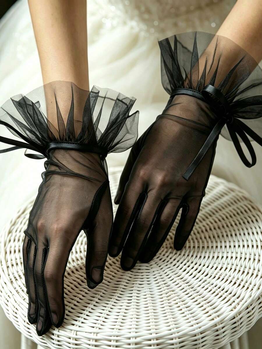 1 Pair Sexy White, Black, Rose Red Mesh Transparent Short Elegant Vintage Gloves, Suitable For Spring, Summer, Autumn, Winter, Wedding - Black - View 1