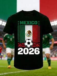 002| Soccer| Black T-Shirt With Soccer Ball Emblem Combining The Colors Of Mexico And The Distinctive Star, With The Legend "MEXICO 2026" For Soccer Lovers And Fans Of Sporting Events. - 黑色 - 查看 1
