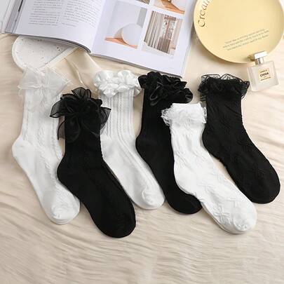 3/4/6 Pairs Black & White Bow Lace Trim Mid-Calf Socks For Women, Comfortable Breathable Cute Versatile Japanese Style Socks For Summer