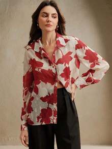 Blusa de manga larga casual de verano para mujer, de estilo jacquard francés tejido, elegante y de ocio para vacaciones - Rojo - Ver 7