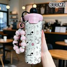 1個 600ML 不鏽鋼保溫杯，附貓咪圖案、粉色珍珠掛繩與黑色矽膠吊繩、杯蓋與矽膠吸管，適用於咖啡、茶、果汁、冷熱飲，適合戶外露營、辦公室、學校、居家使用，夏季生日禮物 - 彩色 - 查看 5