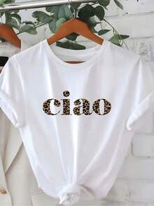 1 pieza de camiseta casual de manga corta para mujer con estampado de leopardo y diseño "CIAO" - Moda de inspiración italiana, corte relajado, lavable a máquina, atuendo casual versátil para mujeres y adolescentes, regalo de cumpleaños y vacaciones, camisetas para damas Y2k. - Blanco - Ver 10
