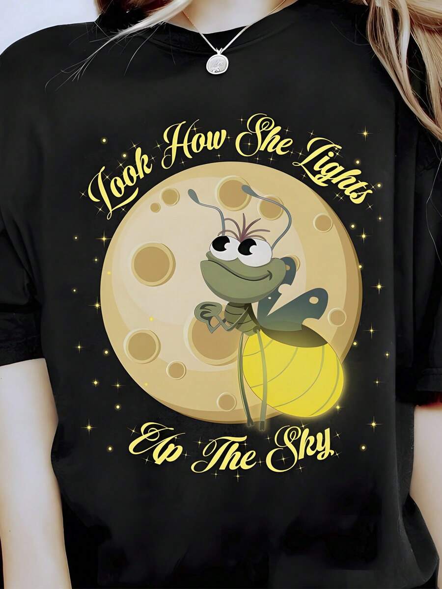 Camiseta de Algodón Negra de Manga Corta para Mujer con Estampado de Patrón Animado, Cuello Redondo, Versión Casual, Cómoda para Todas las Estaciones, Ideal para el Día de la Independencia, Día de Nuestra Señora, Día de los Muertos, Halloween y de - Negro - Ver 1