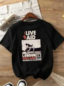 1 pieza Camiseta Gráfica Vintage de la Reina Freddie para MERCURY Live Aid 1985 - Negra con Letras Blancas y Rojas, Estampado de la Icónica Actuación en el Estadio Wembley, Artículos de Música Casual para Fans, Camiseta Y2k - Blanco - Ver 10