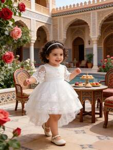 Toddler Girls' Cute Lace Short Sleeve Princess Dress, Tulle Puff Skirt Romper, Birthday Party Holiday Gift Formal Dress - White - View 7