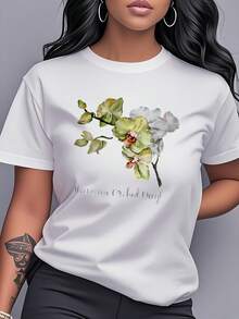 T-Shirt With Orchid Print, Short Sleeves And Round Neck, Women's Clothing, Modern And Elegant, Versatile For Casual Daily Wear, At Home, Outings, Dates And As A Gift, Pure Cotton T-Shirt With Print For Women. - 白色 - 查看 1