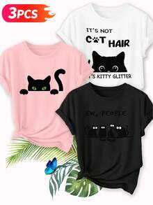 Camiseta casual de mujer de una sola pieza con un diseño de un gato negro tímido. - Blanco - Ver 7