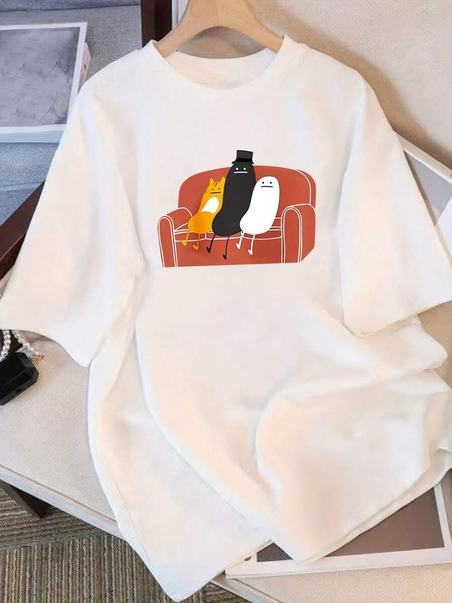 Camiseta Pura para Mujer Manga Corta Diseño de Nicho y Estampado 2025 Verano Nuevo Top Holgado de Manga Media y Ajustado para Mujer - Blanco - Ver 1