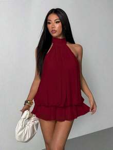 Vestido mini elegante de mujer con escote halter y lazo en color beige - Burdeos - Ver 5
