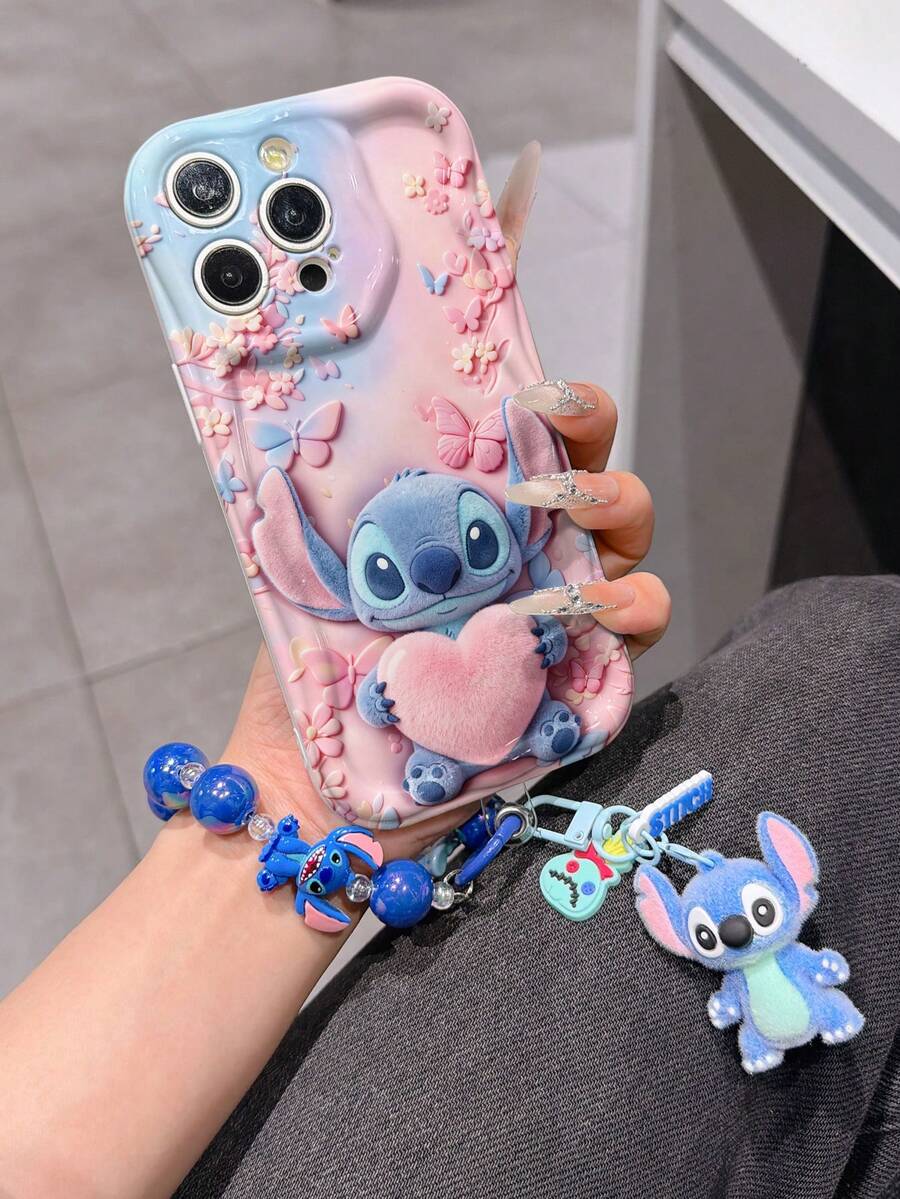 Disney Has Authorized, Phone Case - Chain Set, The Stitch Lilo & Stitch 3D Phone Case Plus A Silicone 3D Stitch Bracelet With Metallic Ring Removable Bracelet, Stitch And Angel Pattern, Compatible With Iphone17/16/15/14/13/12/11/XS/XR/X Plus Pro Max, A Stylish Cartoon Phone Case, The Perfect Gift Choice, Phone Protection, Durable Phone Cover, Great Gift For Friends And Family. - 白色 - 查看 1