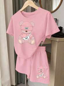 Conjunto informal de 2 piezas con estampado de limón y rayas, adecuado para uso diario - Rosa Pálido - Ver 1