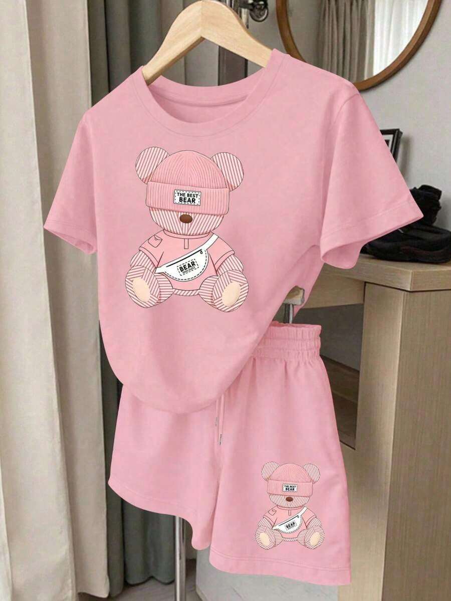 Conjunto informal de 2 piezas con estampado de limón y rayas, adecuado para uso diario - Rosa Pálido - Ver 1