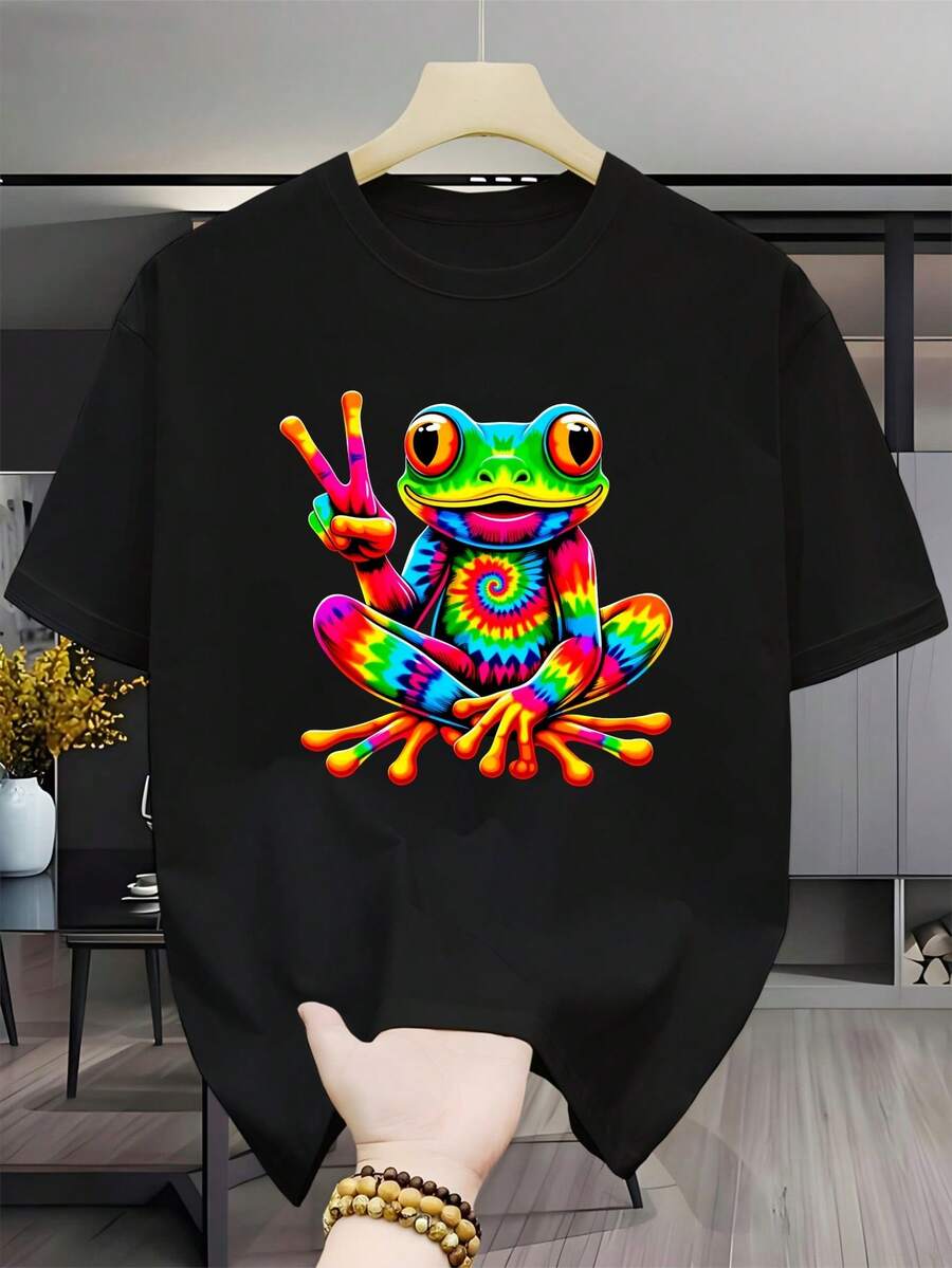 Casual Short-Sleeve Crew Neck T-Shirt With Colorful Frog And Peace Sign Tie-Dye Print, Breathable Outdoor Short-Sleeve Casual T-Shirt, High-End Printed Crew Neck T-Shirt With Slight Stretch, Versatile And Easy-Care Top - 黑色 - 查看 1