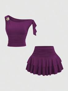 Conjunto de top de tirantes y minifalda plisada y con decoración de flores metálicas para mujer, ideal para el verano - Morado - Ver 1