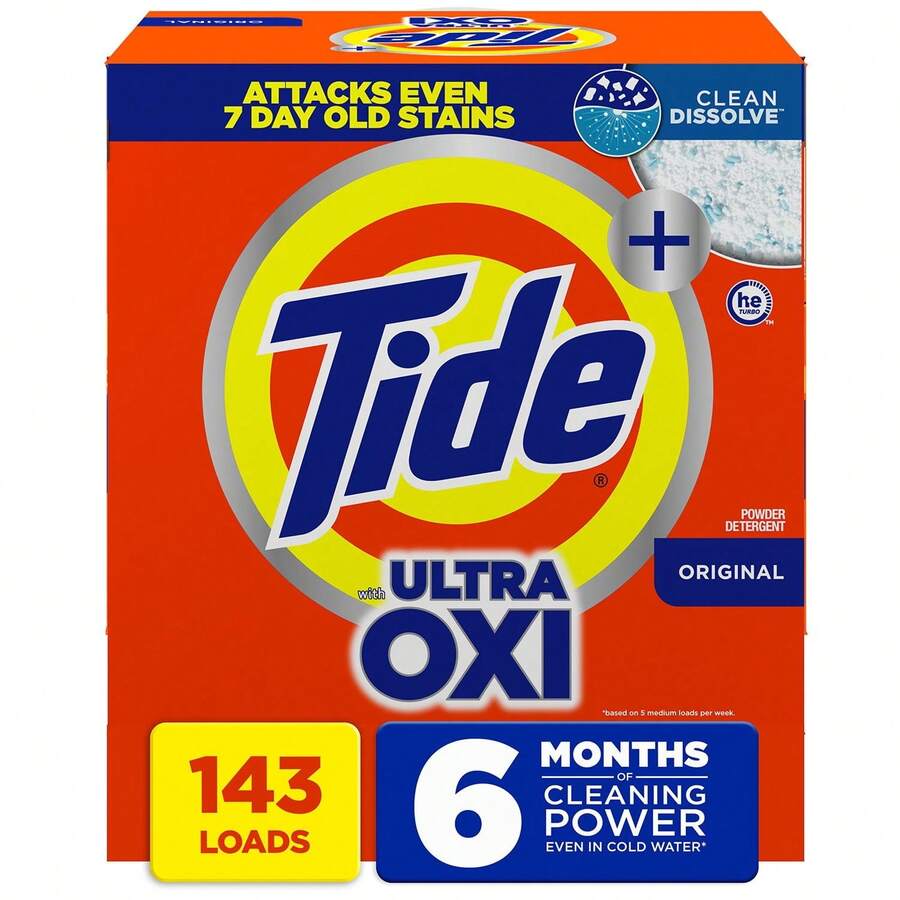 143 Loads, 225 Oz, - Tide + Ultra Oxi Powder Laundry Detergent, Original Scent, Deep Cleaning & Stain Fighting Formula - Powdery - View 1