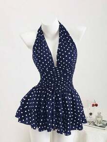 Vestido mini ajustado con cuello en V profundo y espalda descubierta con estampado de lunares negros y blancos y volantes en el bajo, elegante, romántico, bohemio, sexy y casual, versátil vestido de verano para mujer - Azul marino - Ver 9