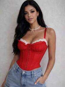 Women's Sexy Structured Lace Cropped Corset With Adjustable Straps And Reinforced Boning, Elegant Shaping Top, Fashion Party Night Outfit, Women's Tank Top - 紅色 - 查看 3