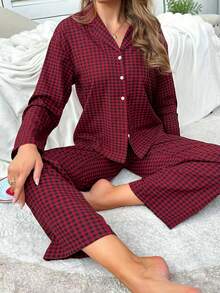 Nina Bonheur Bộ đồ ngủ tay dài kẻ caro cài nút phía trước cho nữ, áo dễ thương và quần cạp chun, trang phục ấm áp, quần áo thu đông, giáng sinh - Màu Đỏ Sâu - Xem 5